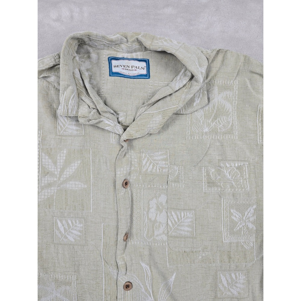 Seven‎ Palm Hawaiian Shirt Mens L Green Silk Blend Tropical Floral *Fits Short